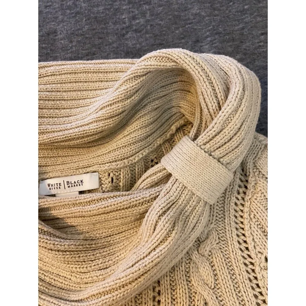 White House Black Market Beige Cable Knit Cowl Neck Sweater Womens Size Medium - Picture 3 of 7